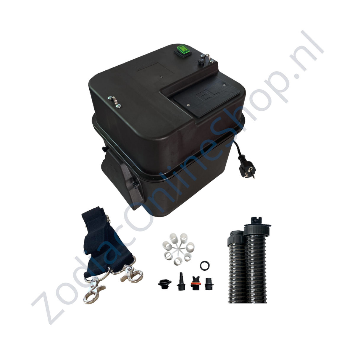 Zodiac Online Shop GE 1800 EL elektrische pomp in zwart met slang, ventieladapters en schouderriem voor opblaasboten