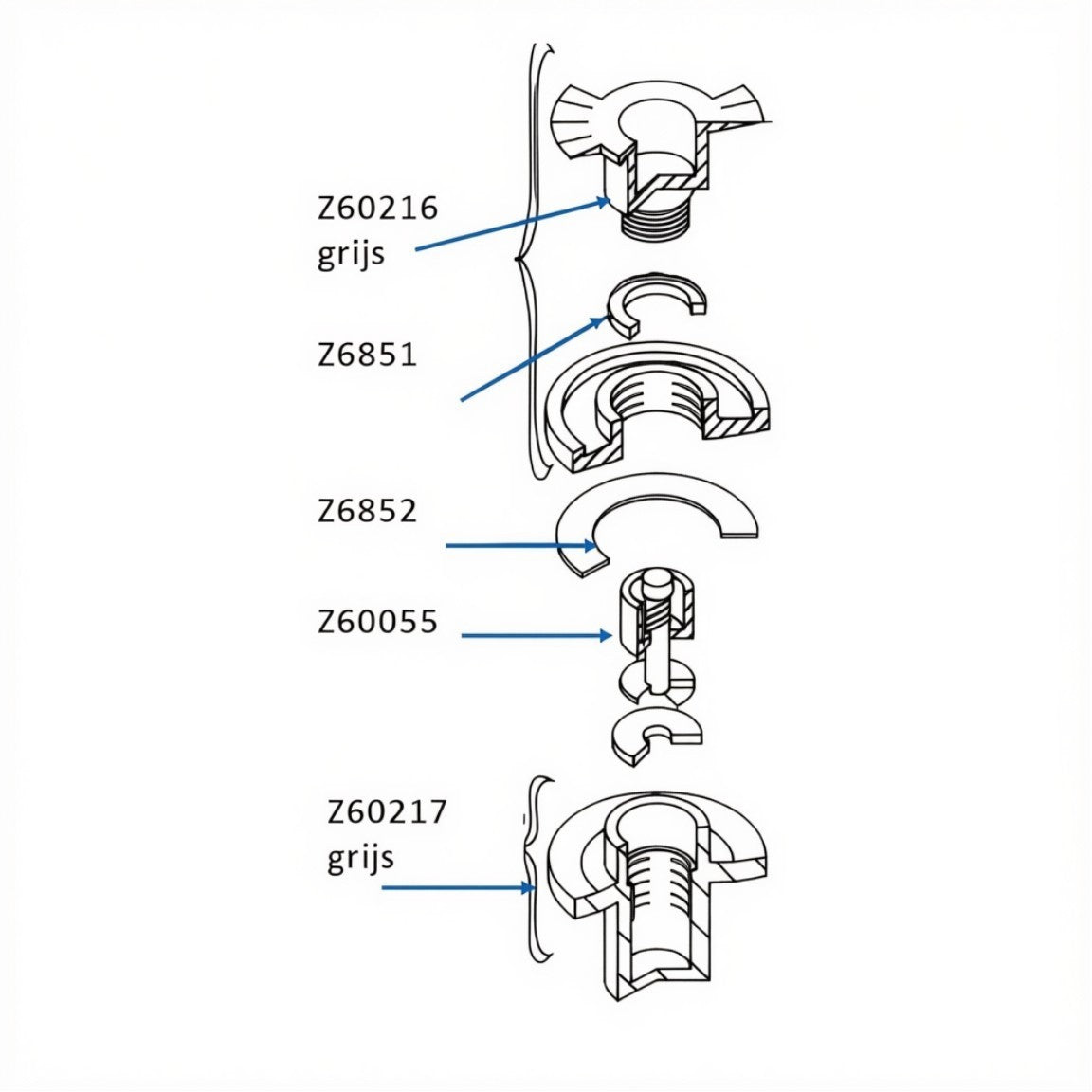 Zodiac Online Shop Z60217 technisch overzicht van onderdelen voor een half verzonken ventiel van een rubberboot